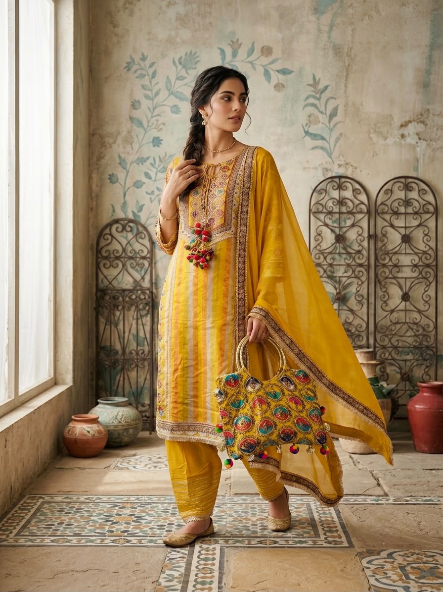 Natural crape smart three piece set with bag and farshi bottom (C287)