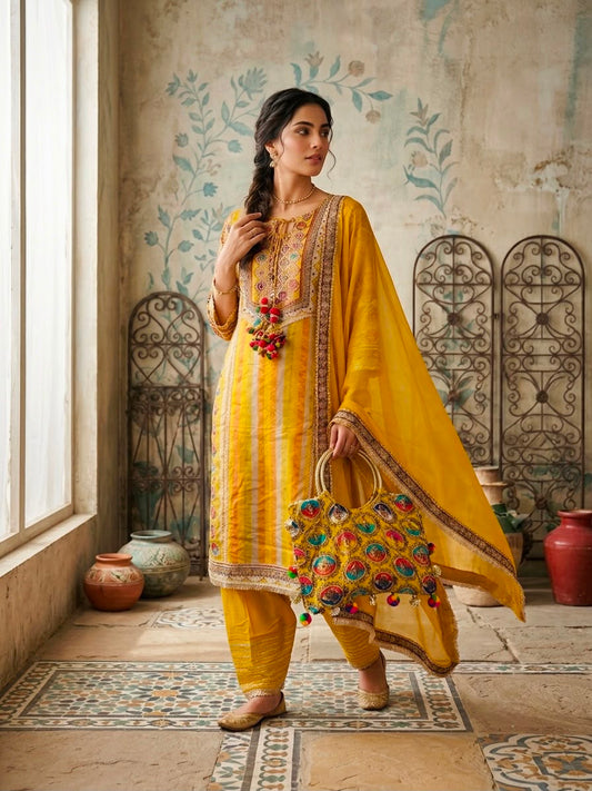 Natural crape smart three piece set with bag and farshi bottom (C287)