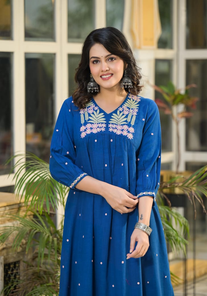 Blue handloom cotton with full embroidery designer two piece cordset (T158)