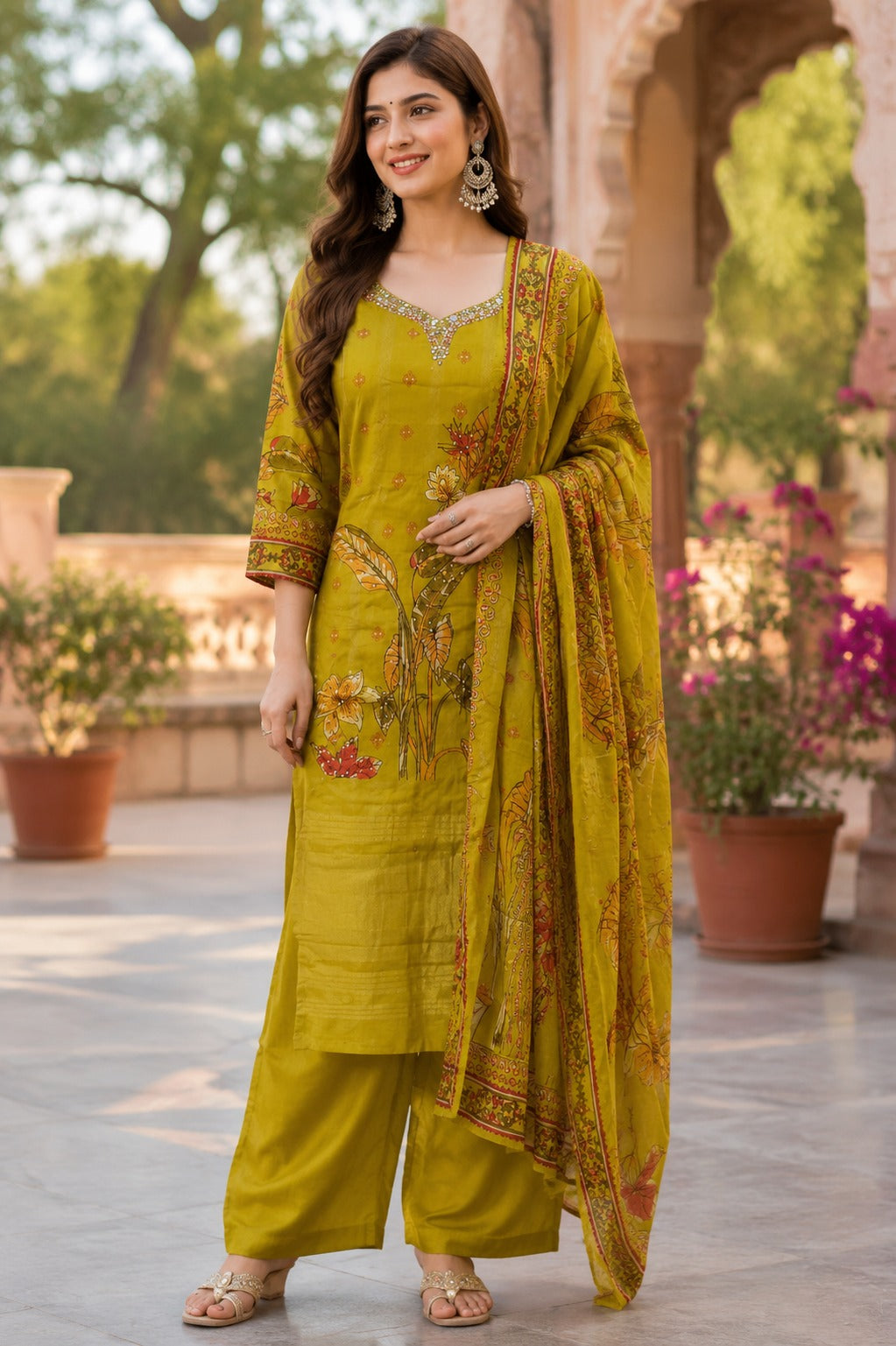 Russian silk mustard colour smart three piece set (S259)