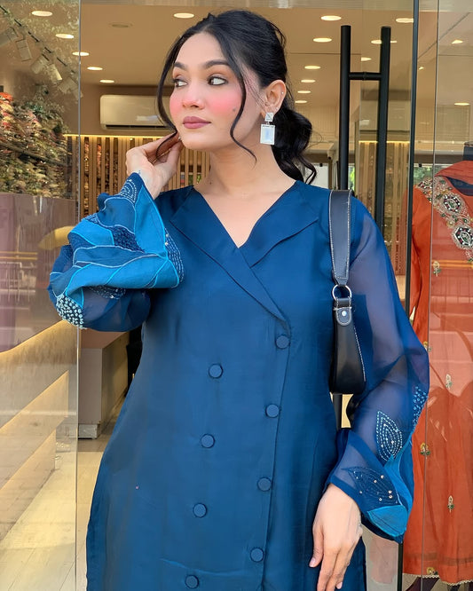 Blue pure dola silk with stylish organza sleeves with mul lining party wear cordset (P2087)
