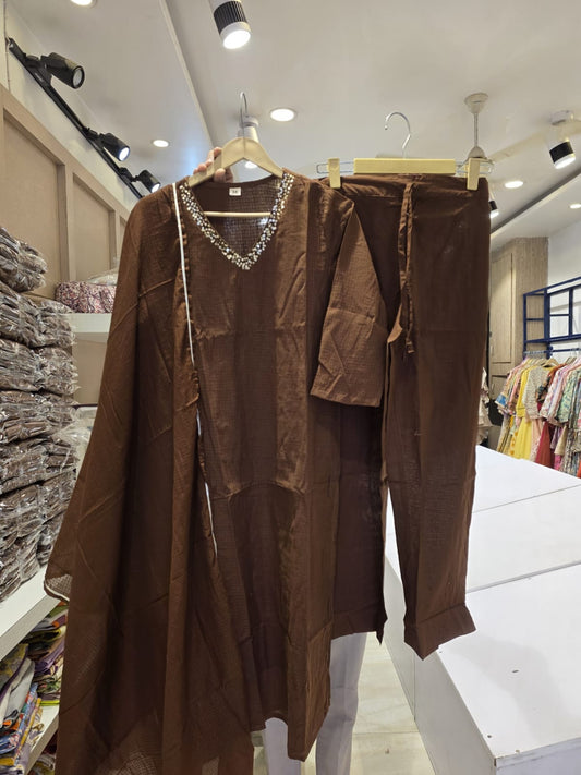 Cotton kota with mul lining solid colour three piece set (B351)