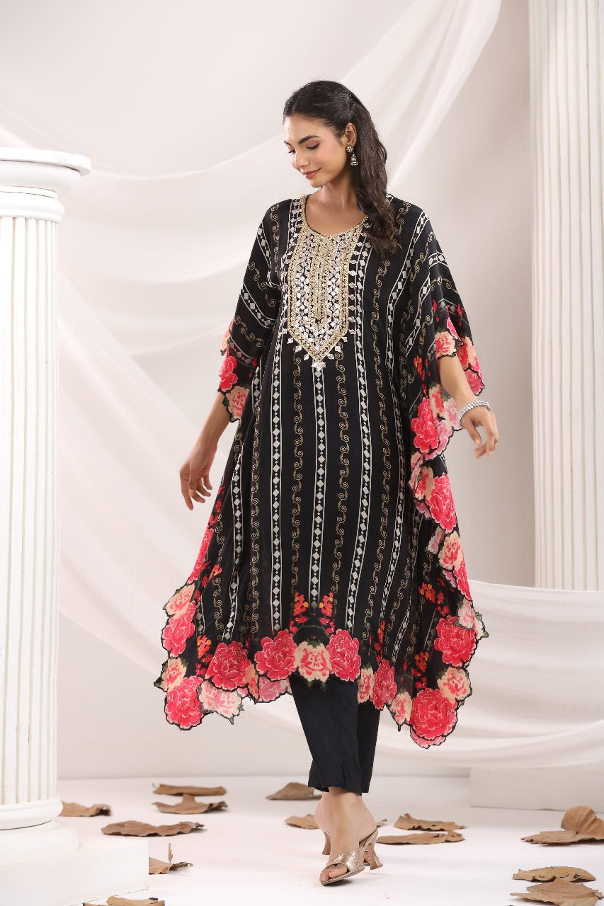 Black natural crape full gota work designer kaftan set (P1535)