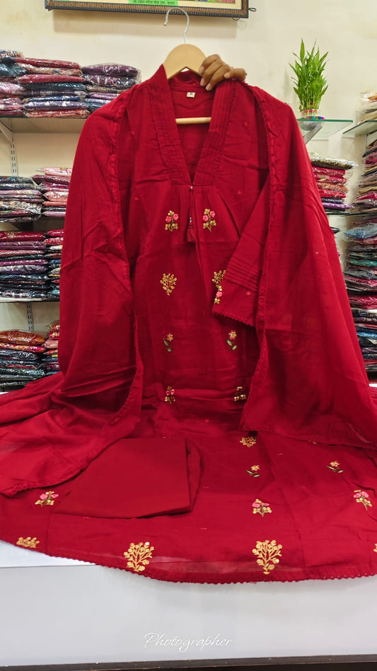 Red pure cotton fully thread work three piece set (A987)