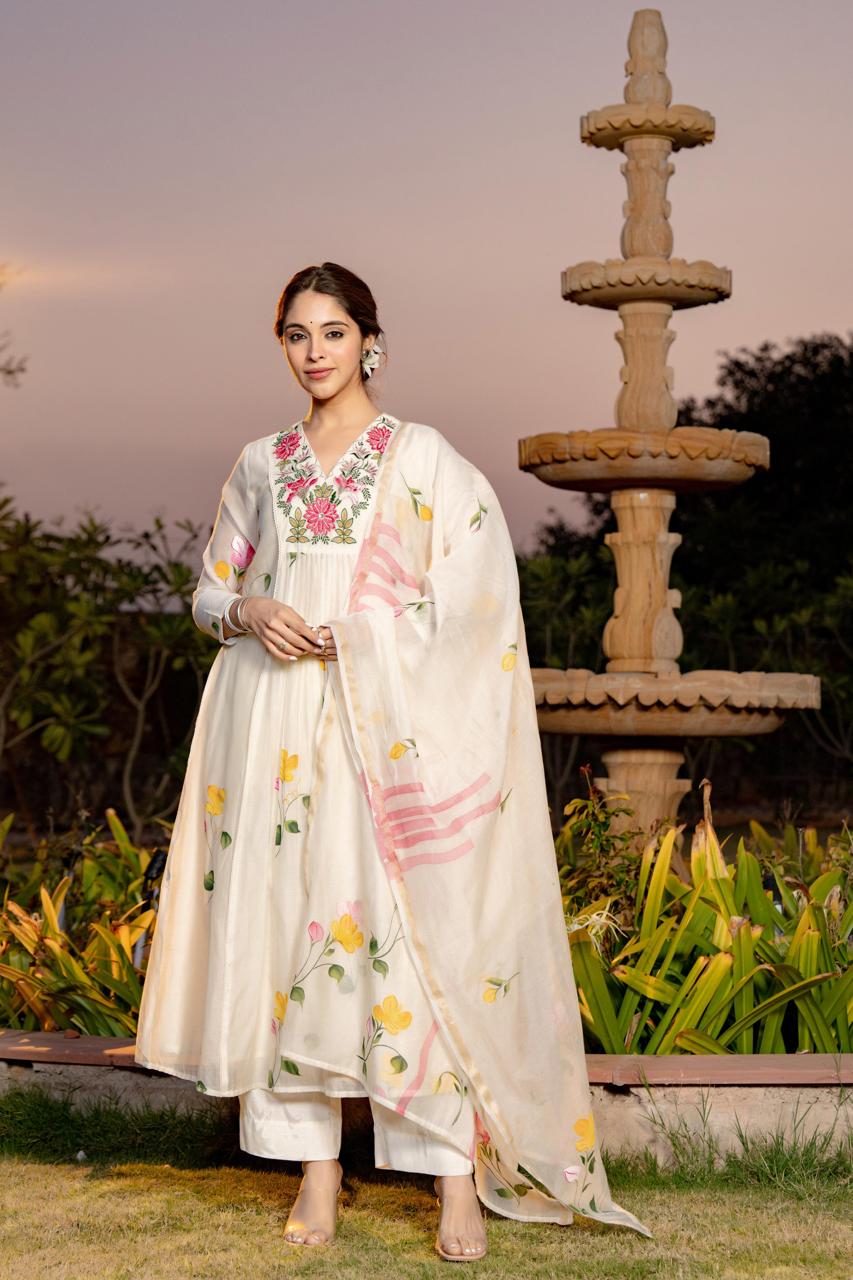 White pure mul chanderi with full thread embroidery on neck line designer three piece set (P1896)