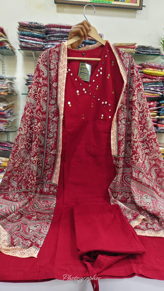 Red pure cotton with kalamkari dupatta three piece set (A1124)