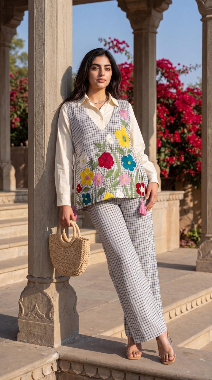 Matty check pure cotton smart three piece cordset (B856)
