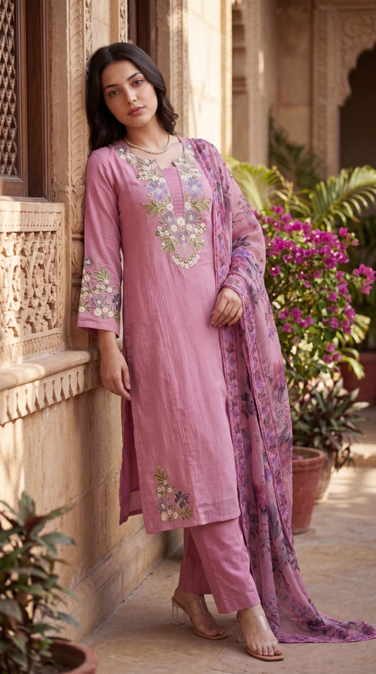 Crush cotton with lining fully embroidered and soft organza dupatta three piece set (B648)