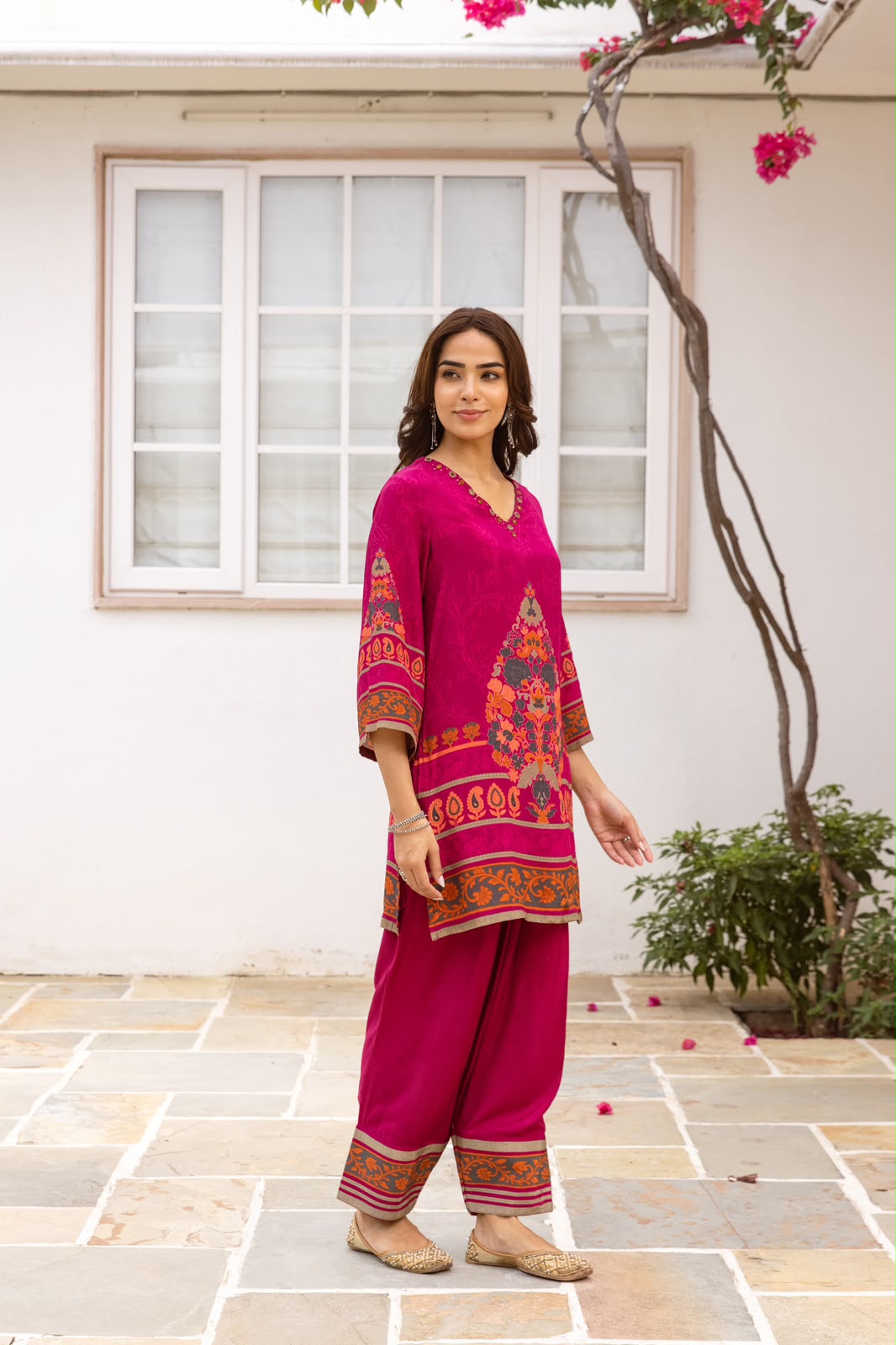 Pure crape bright pink with farshi salwar smart two piece cordset (S381)
