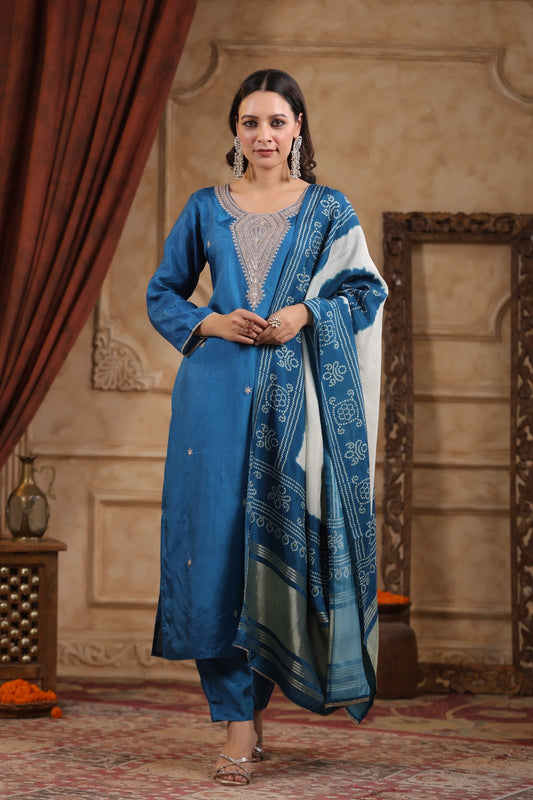 Blue pure silk withheavy work on neck line and bandani  dupatta (P1305)