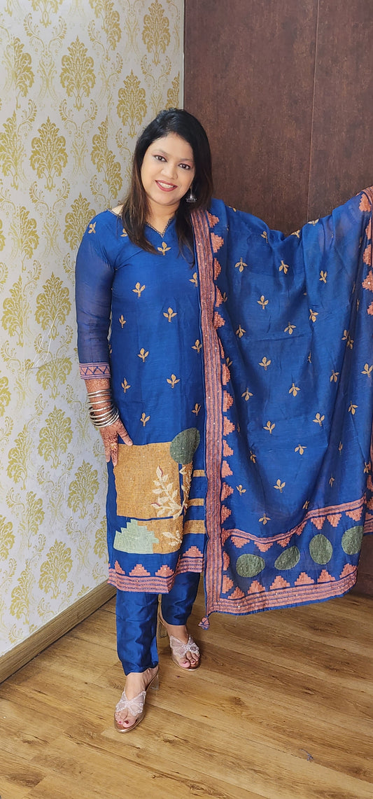 Ink blue pure chanderi silk with gitten work designer three piece set (T173)