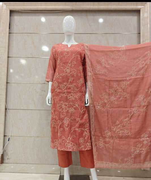 Cotton chanderi with full katha work three piece set (B635)