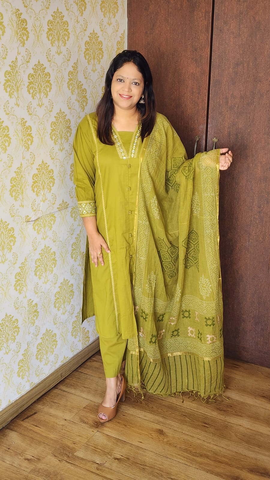 Olive green pure cotton three piece set (A255)