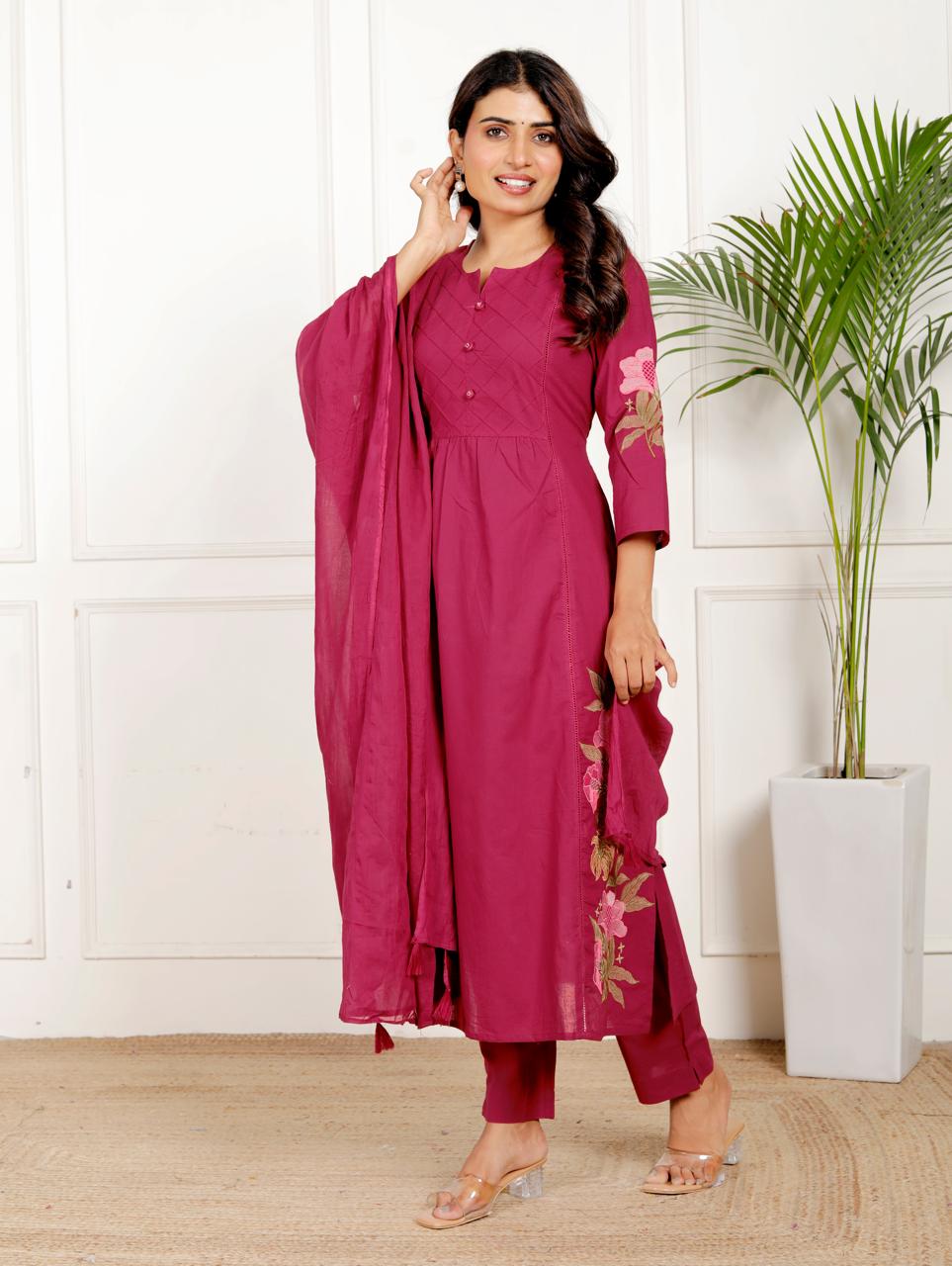 Rani pink pure cotton fully thread work three piece set (A113)