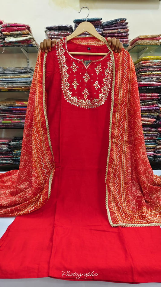 Red pure muslin bandani print three piece set (A843)
