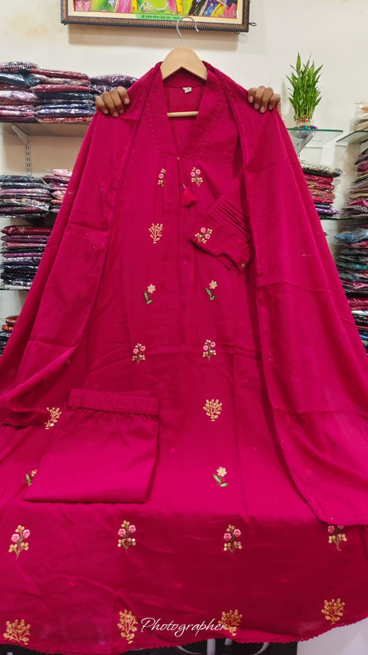 Bright pink pure cotton fully thread work three piece set (A984)