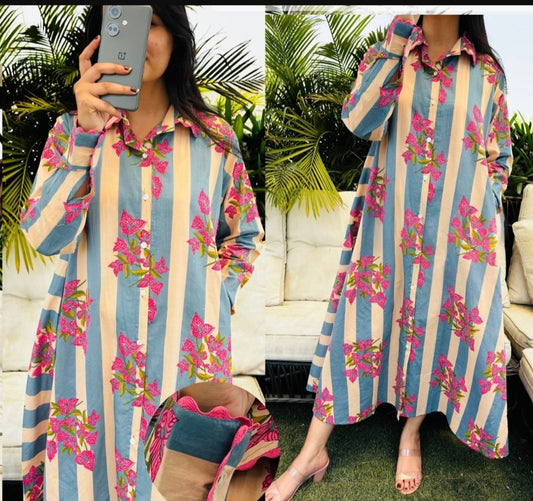 Blue stripes pure cotton one piece dress (P2223)