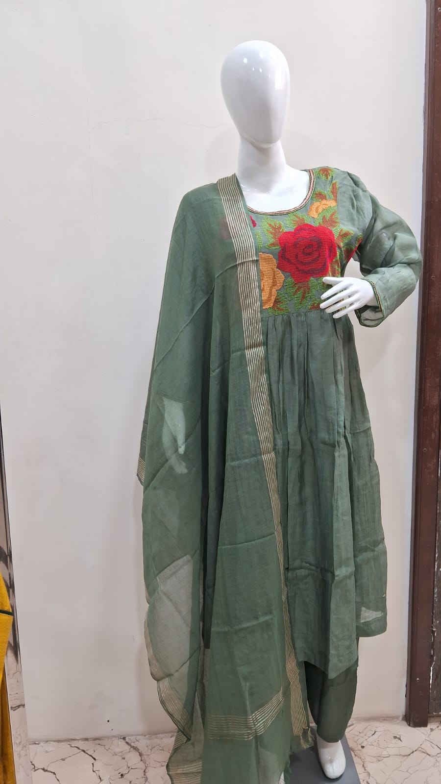 Mehndi green pure chanderi silk three piece set (P674)