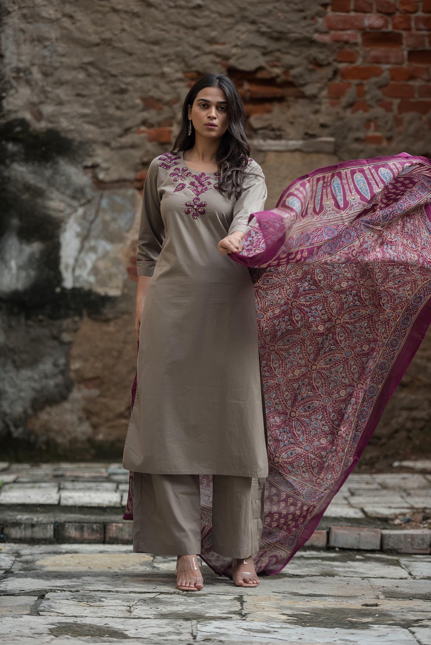Pure cotton grey with pink ajrakh dupatta three piece set (A1034)