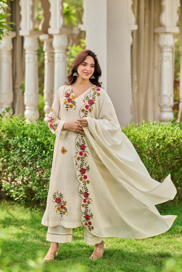 Crush cotton A line Fully embroidered with mul lining beautiful three piece set (S180)
