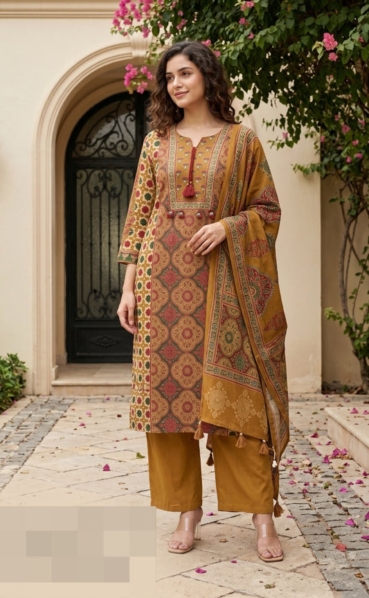 Pure mul silk ajrakh print three piece set (C393)