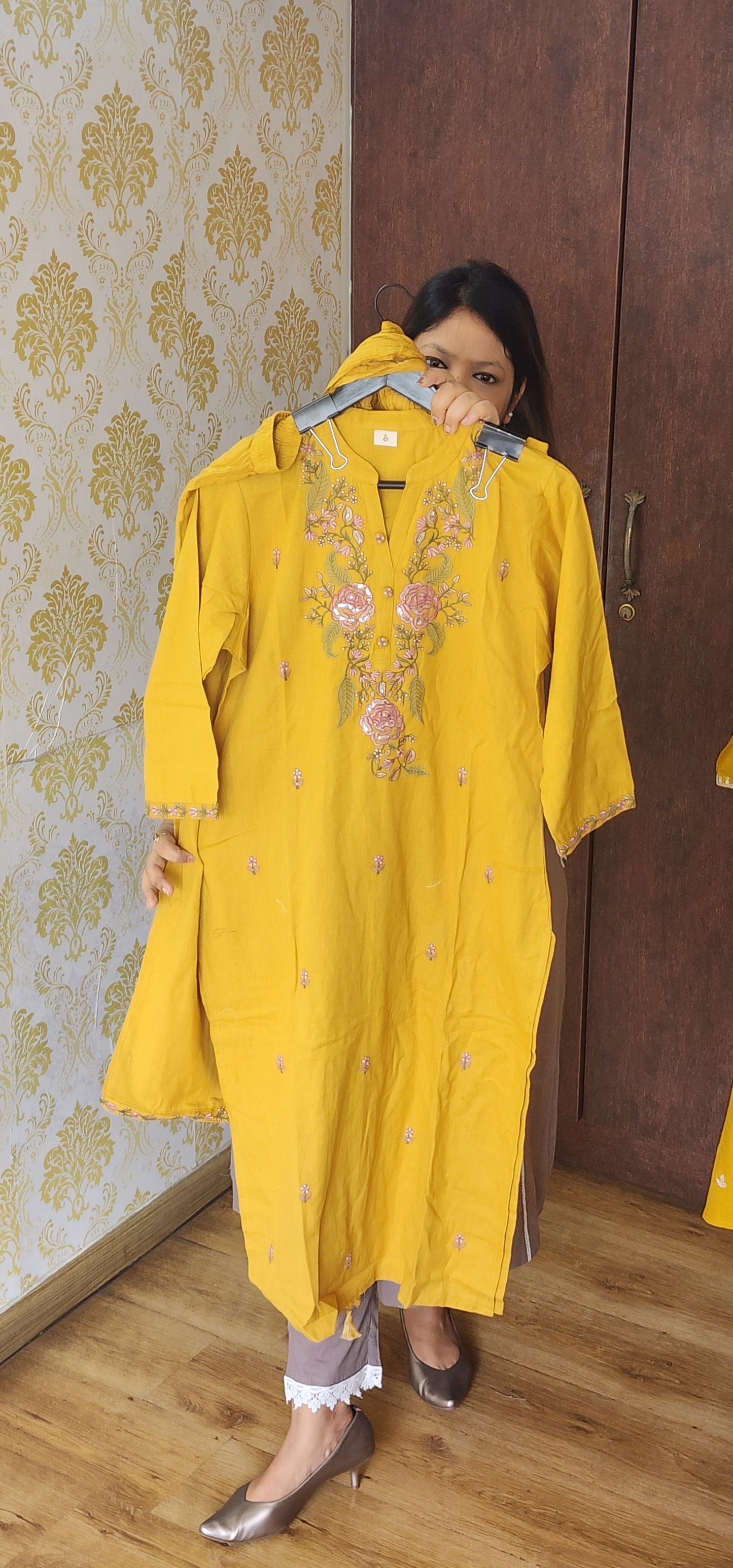 Mustred yellow handloom cotton three piece set (P746)