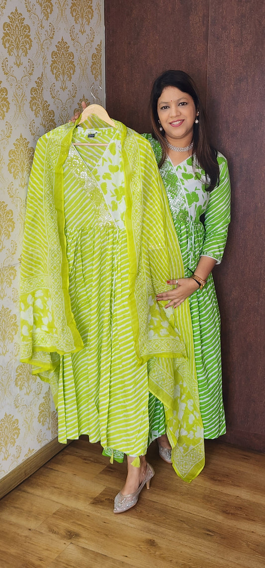 Neon green lehriya three piece set (P453)