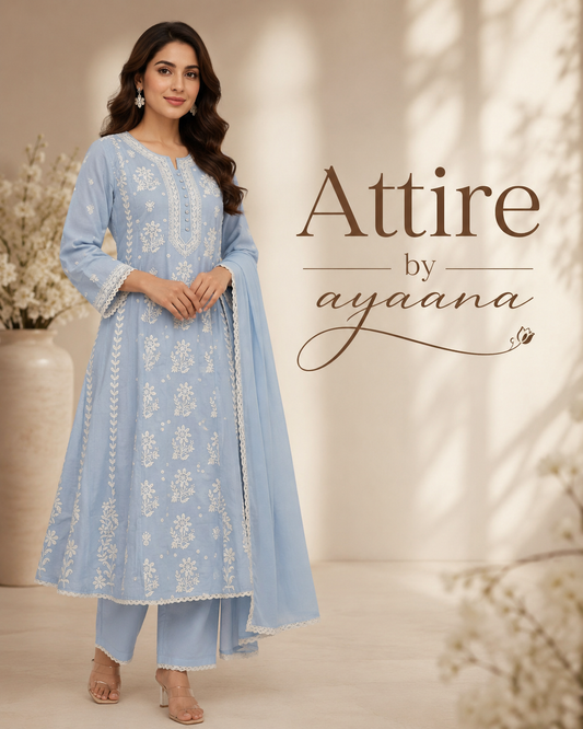 Powder blue A line cotton with full chikankari three piece set (B1009)