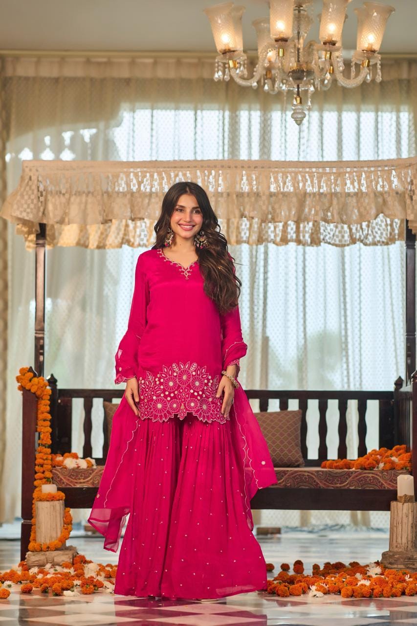 Pure chinnon with sharara designer three piece set (S280)