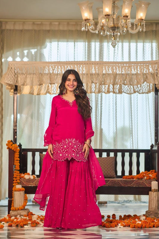 Pure chinnon with sharara designer three piece set (S280)