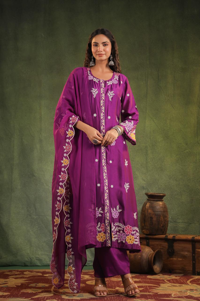 Purple pure dola silk with cotton lining three piece set (P858)