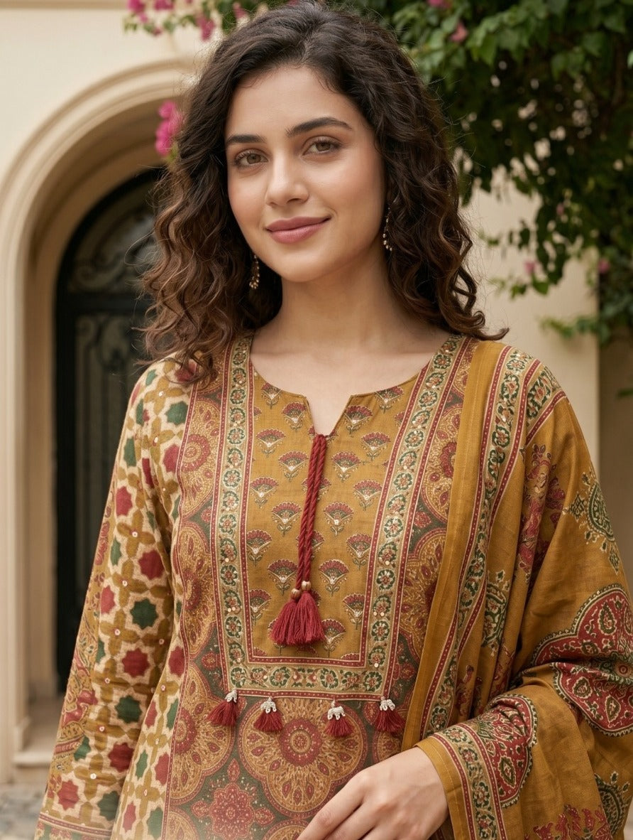 Pure mul silk ajrakh print three piece set (C393)