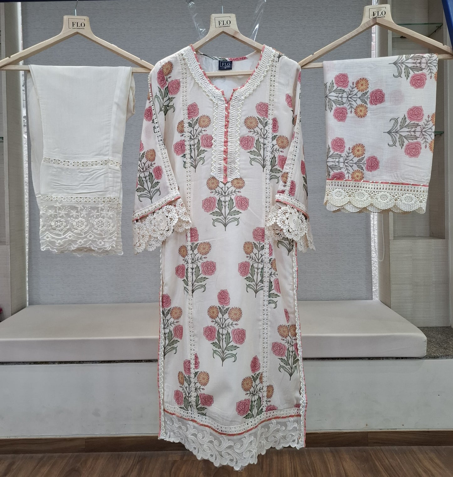 Pure mul chanderi with pearl work on neckline three piece set (C143)