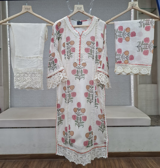 Pure mul chanderi with pearl work on neckline three piece set (C143)