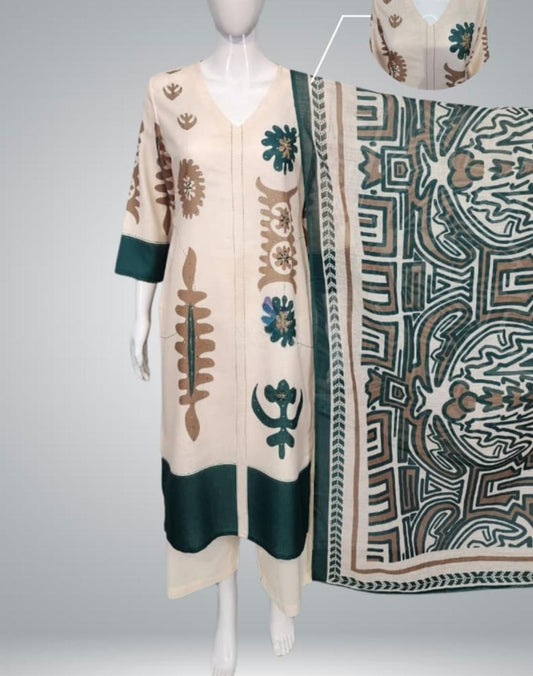 Pure cotton linen with chanderi silk dupatta three piece set (A1517)