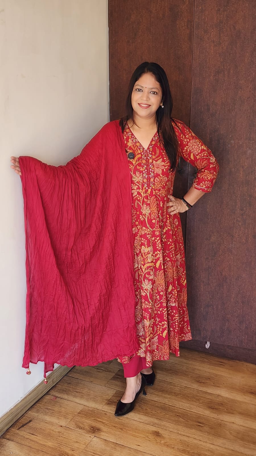 Red kalamkari flared cotton anarkali (A1193)
