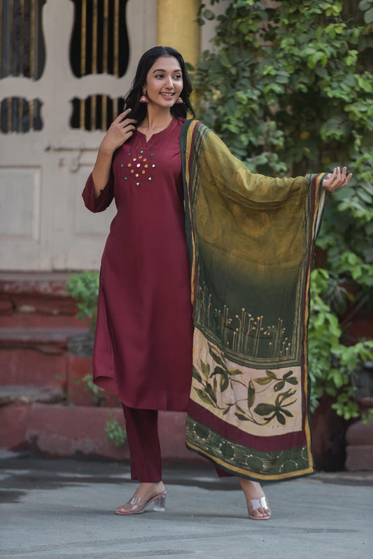 Pure muslin with real mirror work designer silk dupatta three piece set (A1270)