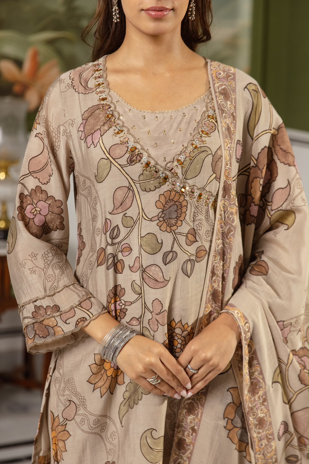 Pure muslin kalamkari print three piece set with farshi salwar (C749)