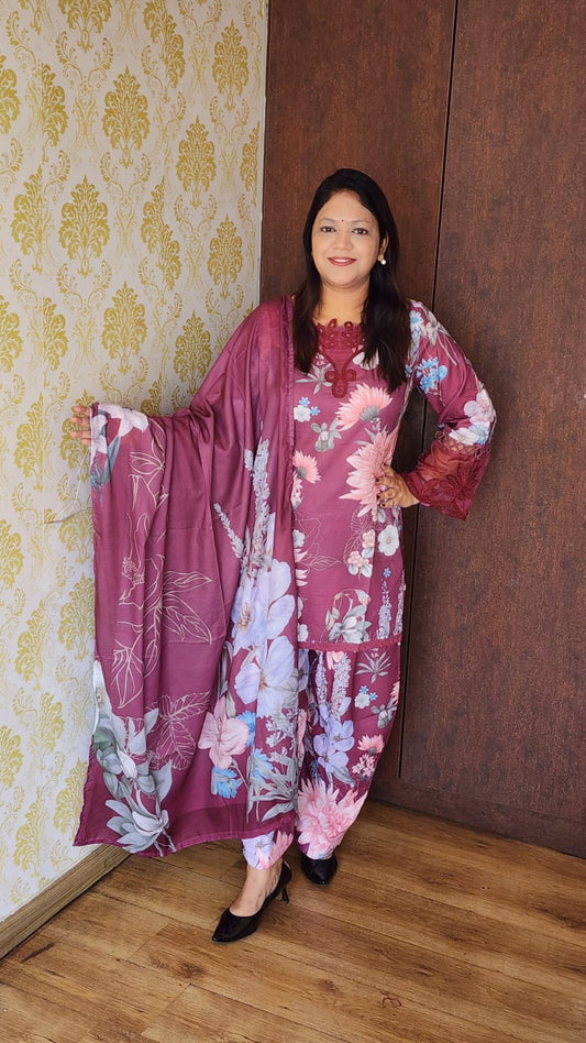 Wine cotton farshi salwar three piece set (A829)