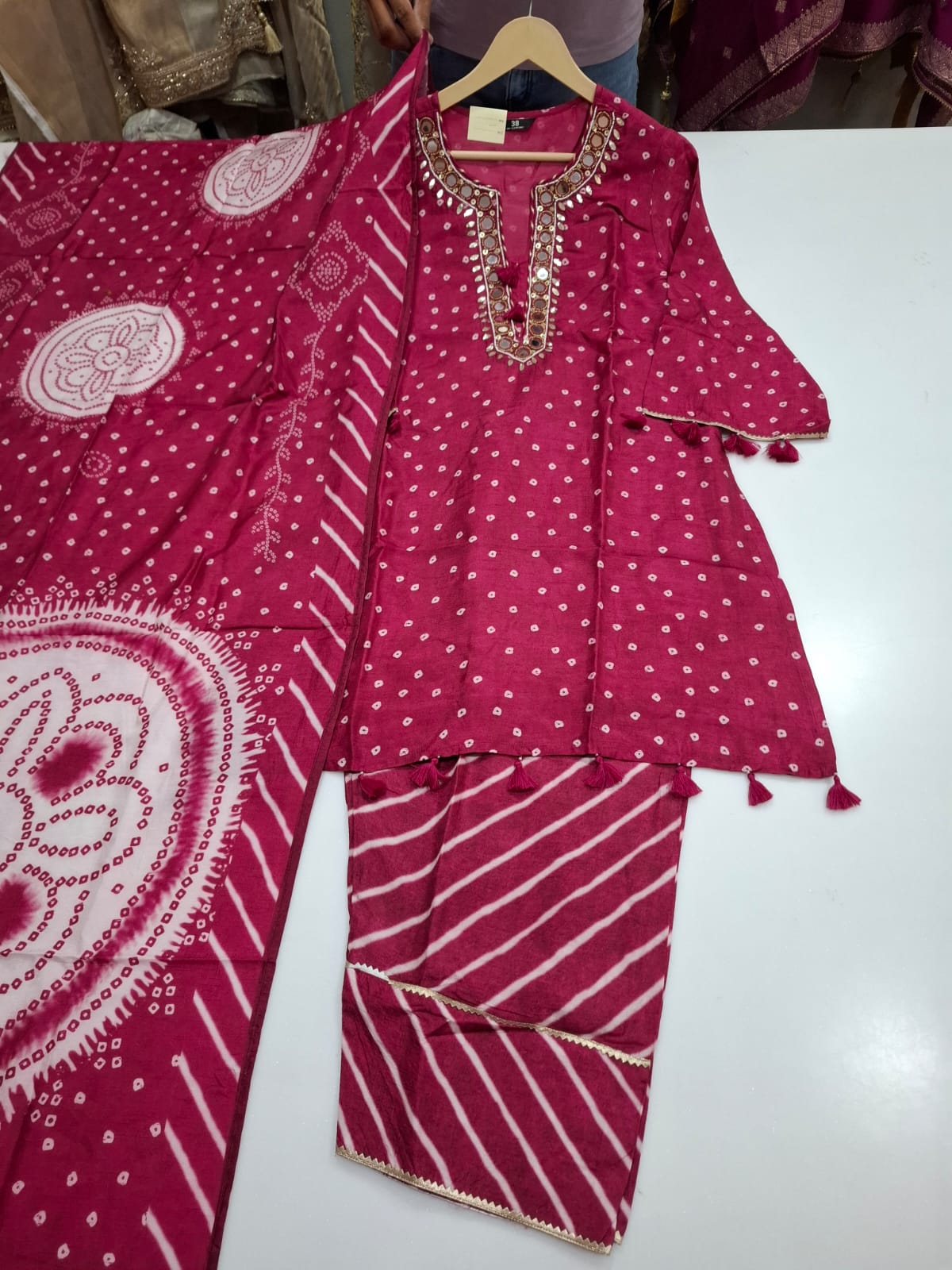Pure dola silk with heavy neck work and paired with farshi salwar three piece set (C526)