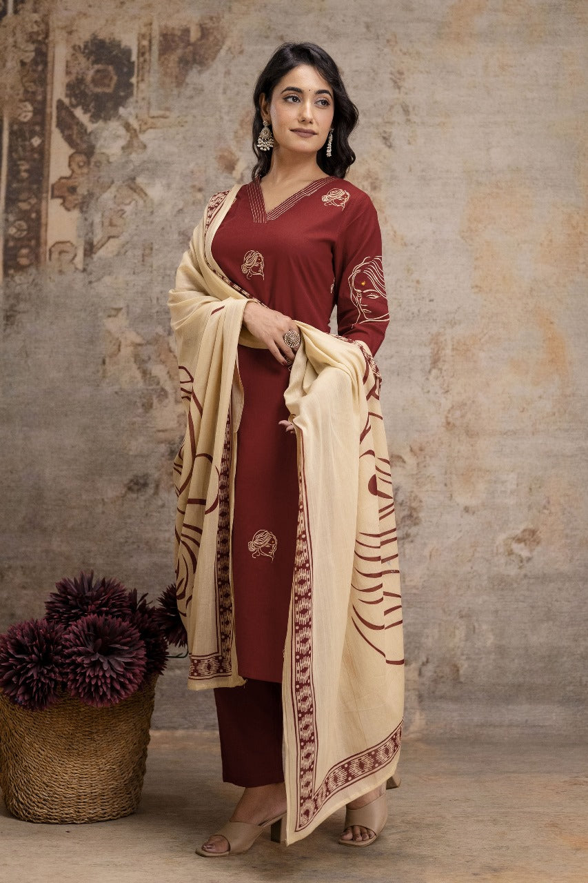 Pure cotton mahroon colour with embroidery three piece set (A1262)