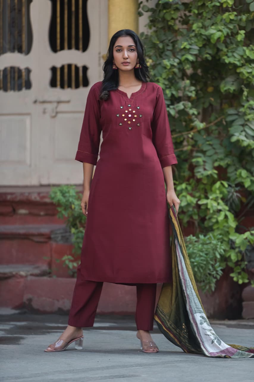 Pure muslin with real mirror work designer silk dupatta three piece set (A1270)