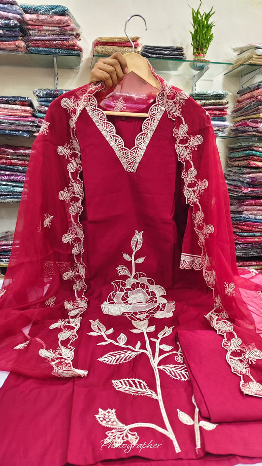 Mahroon Roman silk with mul lining full thread work three piece set (A784)