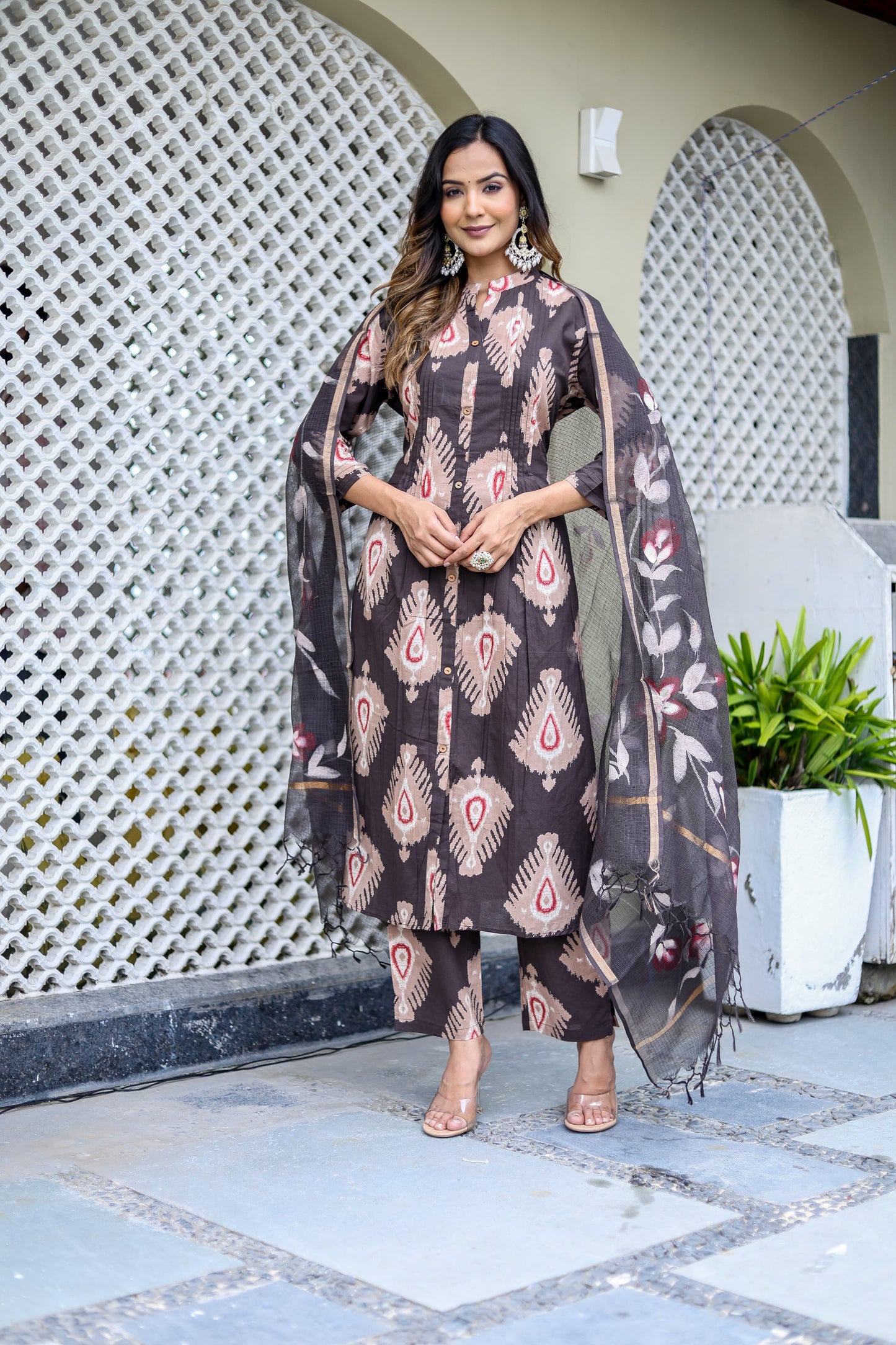 Dark grey pure cotton ikkat print with kota dupatta (P889)