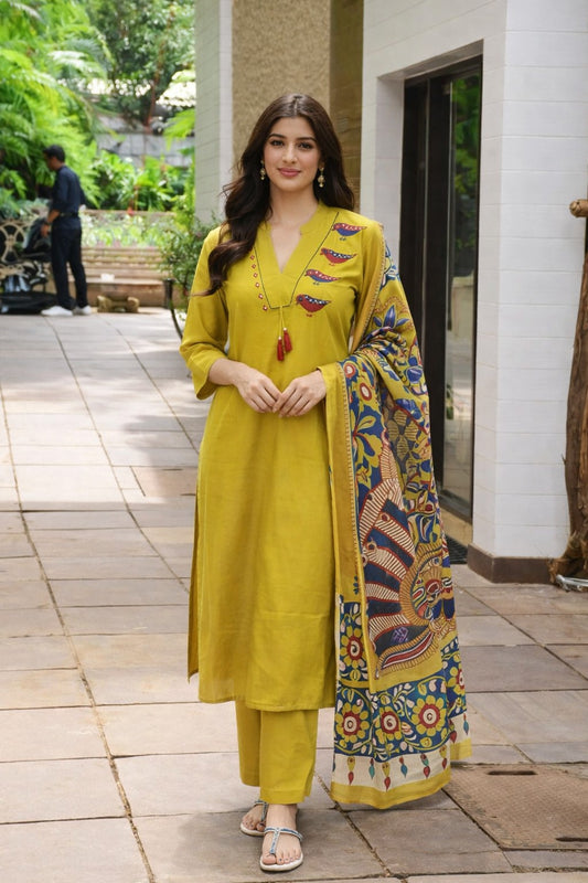 Pure cotton with kalamkari dupatta smart three piece set (B435)