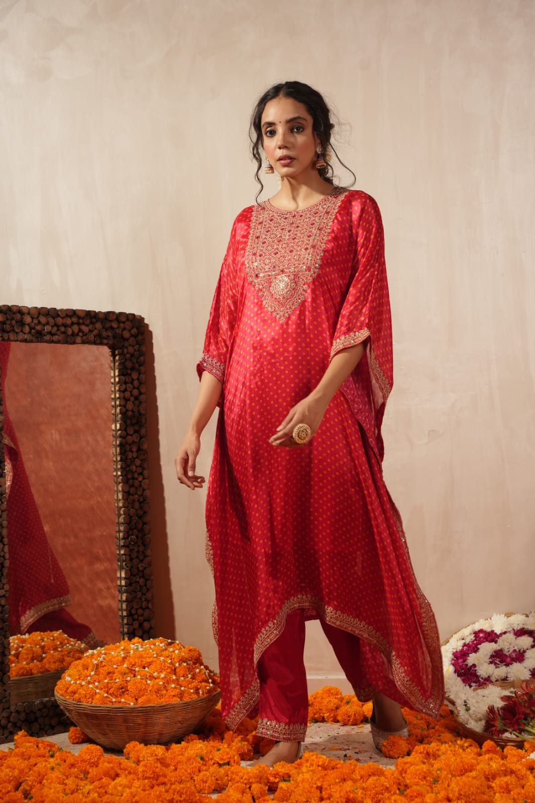 Bright red pure crape with real mirror two piece kaftan set (P900)