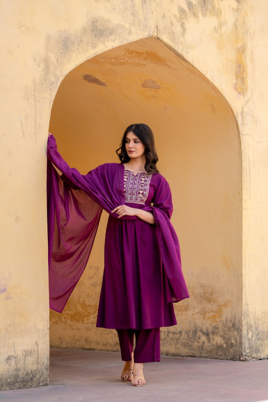 Dark purple cotton modal fully embroidered three piece set (P2136)