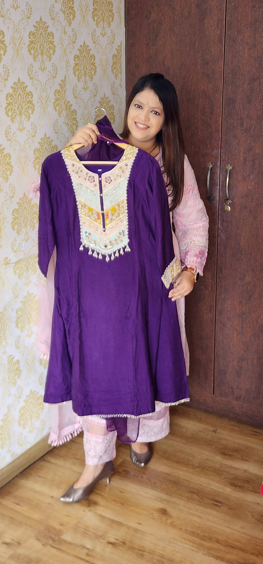 Purple pure dola silk with hand work anarkali (P878)