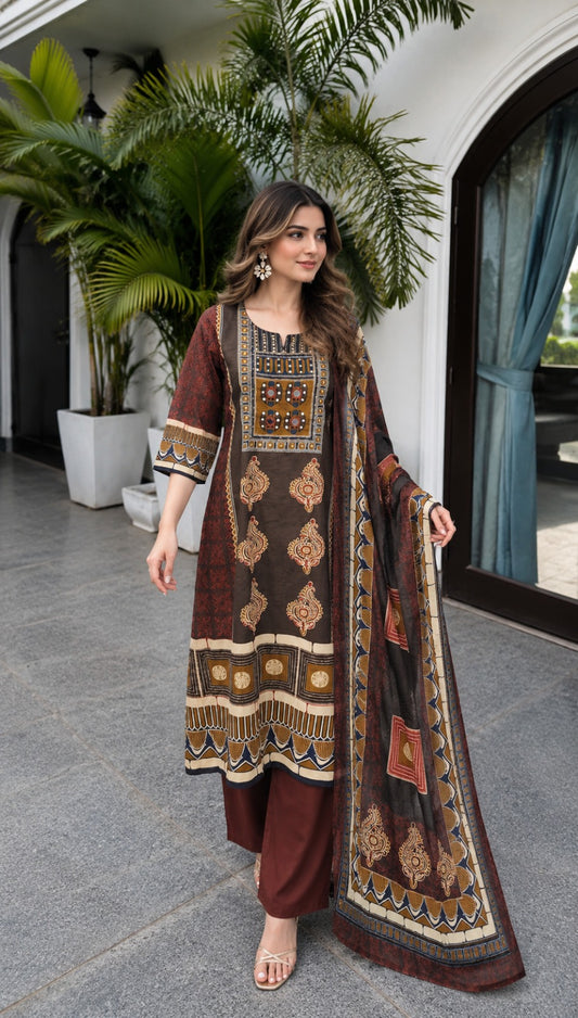 Pure cotton Ajrakh print A line with real mirror work three piece set (S354)