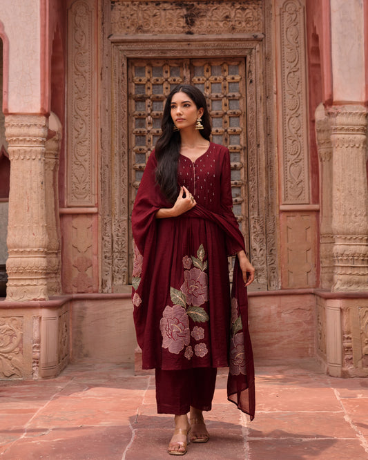 Mahroon mul chanderi applique work three piece set (A1009)